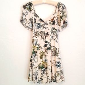 Zara Tropical Pattern Print Beige Green Skater Dress XS